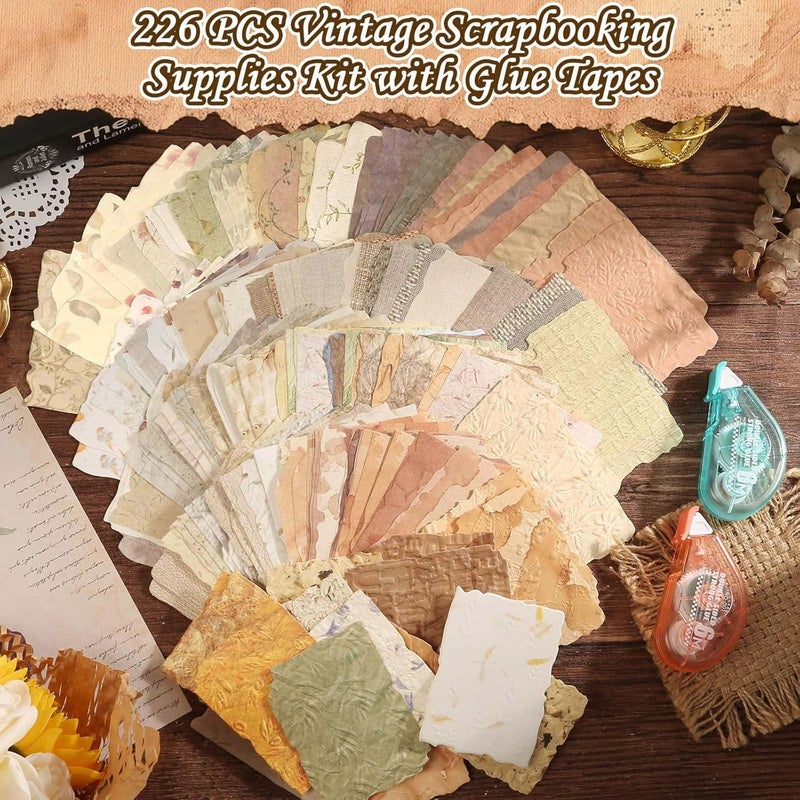 Caffox 226 Sheets Vintage Scrapbook Paper Kit with Photo Tapes, Textured Scrapbooking Supplies Craft Paper for Junk Journal Supplies Planner Mixed Collage Materials Embellishments - Image 2
